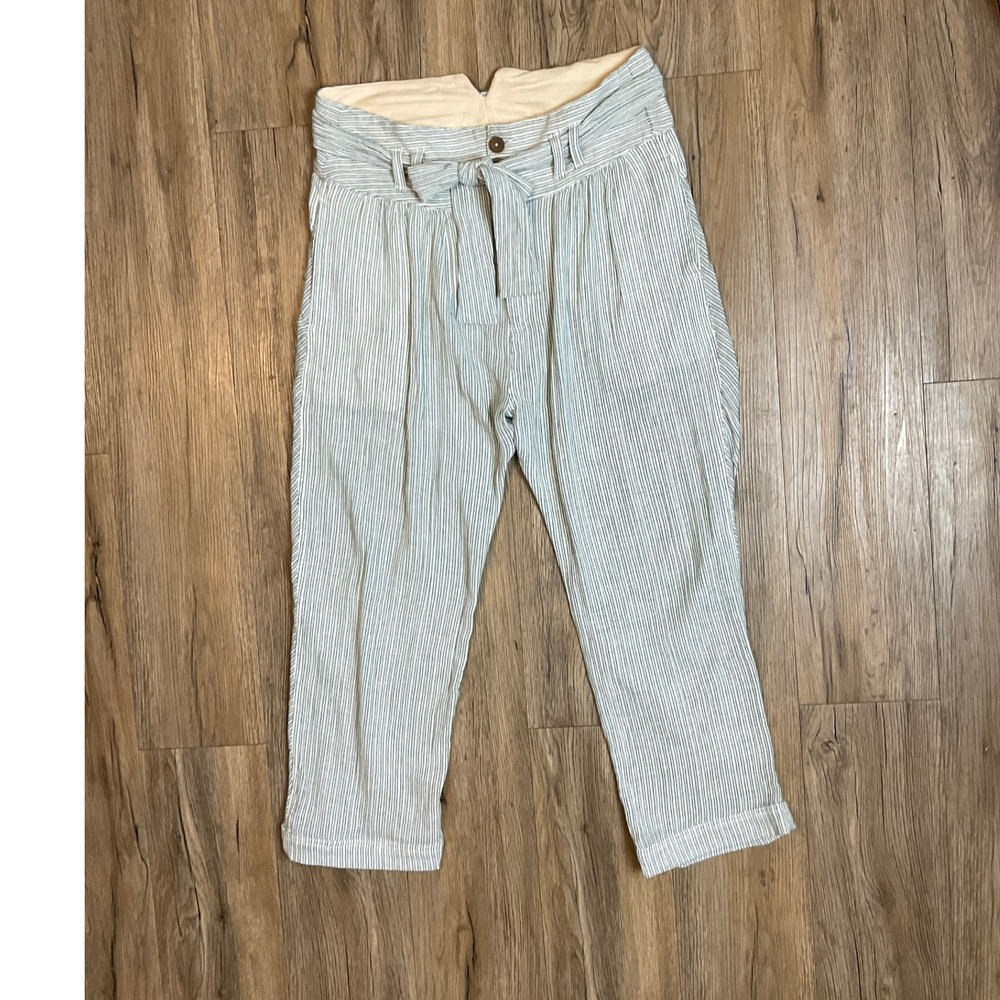 Free People Striped High Waist Tie Belt Trousers Green White Cotton Pants Sz 12